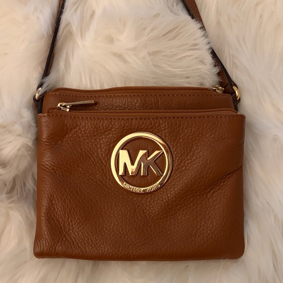 Michael Kors Handbags - Michael Kors Cognac Leather MK Logo Crossbody Bag